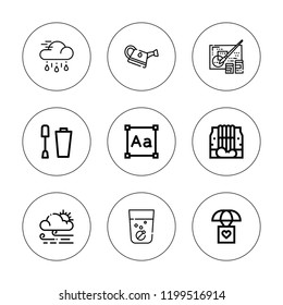 Drop icon set. collection of 9 outline drop icons with effervescent, nail polish, parachute, paint, rain, typography, watering can, weather icons. editable icons.