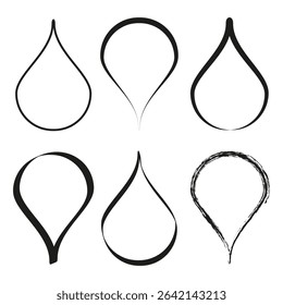 Drop icon set. Teardrop shape vector. Liquid black outlines. Simple curved symbols.