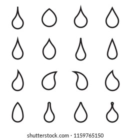 Drop icons. Collection of linear droplet shapes isolated on a white background. Vector illustration. Editable stroke