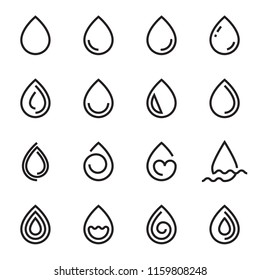 Drop icons. Collection of linear droplet symbols isolated on a white background. Vector illustration. Editable stroke