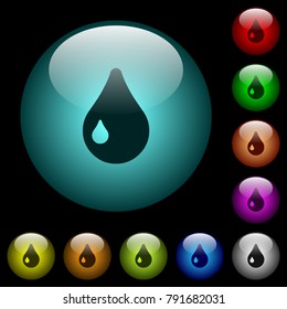Drop icons in color illuminated spherical glass buttons on black background. Can be used to black or dark templates