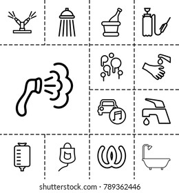 Drop icons. set of 13 editable outline drop icons such as shower, tap, omega, harden hose, drop counter, hands washing, car music, champagne, watering system