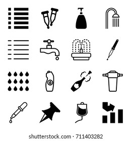 Drop icons set. set of 16 drop filled and outline icons such as soap, graph, pipette, menu, champagne, pin, shower, tap, water bottle