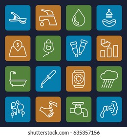 Drop icons set. set of 16 drop outline icons such as shower, tap, graph, garden tools, rain, pipette, hands washing, lot price, wrist watch with sun