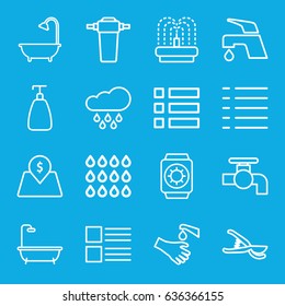 Drop icons set. set of 16 drop outline icons such as soap, tap, shower, garden tools, fountain, hands washing, menu, lot price, drop, rain