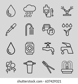 Drop icons set. set of 16 drop outline icons such as pipette, shower, tap, garden tools, rain, fountain, car music, watering system, wrist watch with sun