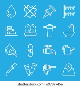 Drop icons set. set of 16 drop outline icons such as honey, pipette, no wash, shower, water bottle, watering can, irrigation system, fountain, lot price, tap, graph