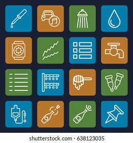 Drop icons set. set of 16 drop outline icons such as honey, tap, irrigation system, pipette, car music, menu, champagne, shower, wrist watch with sun, opened champagne, graph