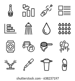 Drop icons set. set of 16 drop outline icons such as honey, pipette, graph, water bottle, champagne bottle with heart, car music, champagne, shower, watering system, tap