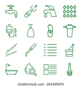 Drop icons set. set of 16 drop outline icons such as soap, shower, tap, water bottle, pipette, champagne bottle with heart, menu, champagne