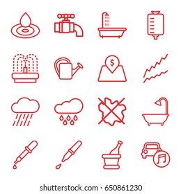 Drop icons set. set of 16 drop outline icons such as shower, pipette, no wash, watering can, rain, fountain, car music, champagne, lot price, tap