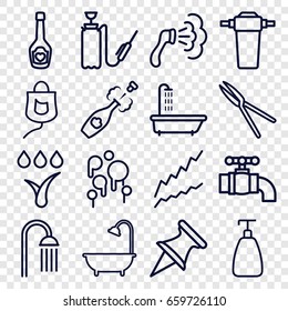 Drop icons set. set of 16 drop outline icons such as shower, soap, garden tools, harden hose, champagne bottle with heart, drop counter, champagne, watering system, tap, blood