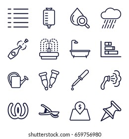 Drop icons set. set of 16 drop outline icons such as shower, garden tools, watering can, rain, fountain, pipette, menu, champagne, lot price, omega, graph