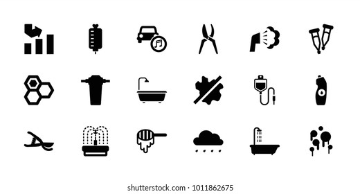 Drop icons. set of 18 editable filled drop icons: honey, shower, no wash, graph, water bottle, garden tools, fountain, pipette, car music, tap, blood, rain
