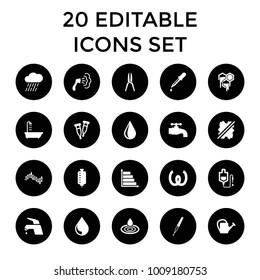 Drop icons. set of 20 editable filled drop icons such as shower, pipette, watering can, rain, tap, honey, no wash, omega, graph. best quality drop elements in trendy style.