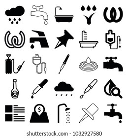 Drop icons. set of 25 editable filled and outline drop icons such as tap, omega, harden hose, pin, pipette, lot price, watering system, rain, shower