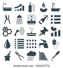 Drop icons. set of 25 editable filled drop icons such as shower, pipette, honey, graph, menu, garden tools, rain, fountain, pin, champagne, tap, opened champagne