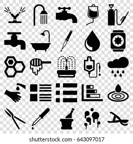 Drop icons set. set of 25 drop filled icons such as honey, tap, shower, garden tools, harden hose, fountain, pipette, hands washing, champagne, watering system, rain