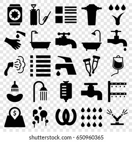 Drop icons set. set of 25 drop filled icons such as shower, tap, irrigation system, harden hose, hands washing, pipette, menu, lot price, watering system, wrist watch with sun