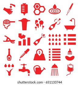 Drop icons set. set of 25 drop filled icons such as honey, pipette, shower, graph, tap, opened champagne, garden tools, watering can, hands washing