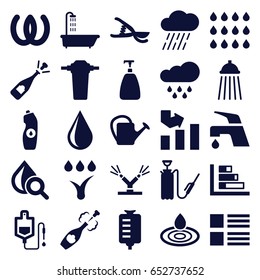 Drop icons set. set of 25 drop filled icons such as shower, soap, tap, graph, opened champagne, water bottle, garden tools, watering can, rain, harden hose, champagne