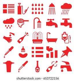 Drop icons set. set of 25 drop filled icons such as honey, pipette, shower, tap, graph, opened champagne, rain, harden hose, fountain, hands washing