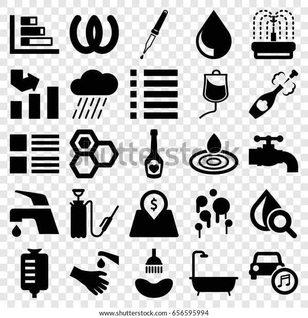 Drop icons set. set of 25\
drop filled icons such as shower, honey, tap, graph, rain, harden\
hose, fountain, hands washing, champagne bottle with heart,\
pipette, car music