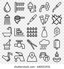 Drop icons set. set of 25 drop outline icons such as honey, shower, soap, tap, no wash, garden tools, irrigation system, rain, pipette, hands washing, car music, champagne