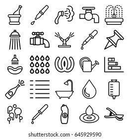 Drop icons set. set of 25 drop outline icons such as pipette, shower, tap, water bottle, garden tools, watering can, fountain, menu, champagne, watering system, blood