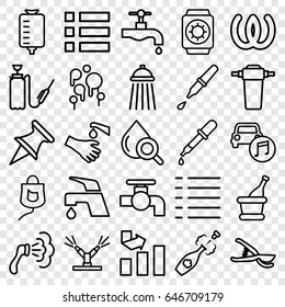Drop icons set. set of 25 drop outline icons such as pipette, tap, shower, graph, garden tools, harden hose, hands washing, car music, menu, champagne, watering system