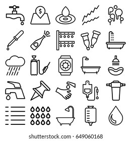 Drop icons set. set of 25 drop outline icons such as shower, tap, irrigation system, rain, harden hose, pipette, hands washing, menu, lot price, wrist watch with sun, blood