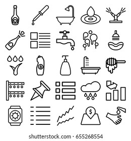 Drop icons set. set of 25 drop outline icons such as shower, honey, soap, water drop, graph, tap, water bottle, irrigation system, pipette, hands washing