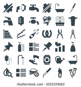 Drop icons. set of 36 editable filled drop icons such as soap, no wash, graph, shower, menu, omega, watering can, fountain, pipette, pin, champagne, tap, wrist watch with sun