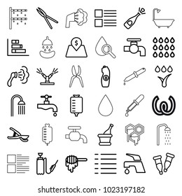 Drop icons. set of 36 editable outline drop icons such as honey, tap, shower, menu, opened champagne, water bottle, graph, garden tools, harden hose, pipette, champagne