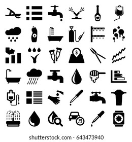 Drop icons set. set of 36 drop filled icons such as honey, shower, pipette, tap, graph, water bottle, garden tools, irrigation system, rain, harden hose, fountain