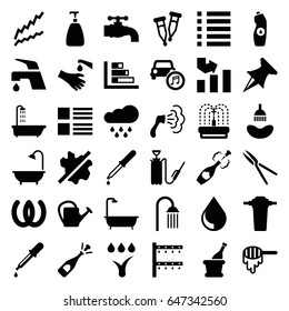 Drop icons set. set of 36 drop filled icons such as honey, shower, pipette, soap, no wash, tap, graph, opened champagne, water bottle, garden tools, watering can