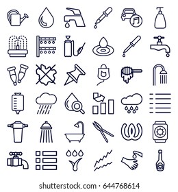 Drop icons set. set of 36 drop outline icons such as honey, pipette, soap, no wash, shower, tap, graph, garden tools, watering can, irrigation system, rain, harden hose