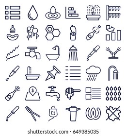 Drop icons set. set of 36 drop outline icons such as shower, honey, pipette, tap, no wash, graph, water bottle, garden tools, irrigation system, rain, fountain, menu