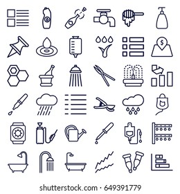 Drop icons set. set of 36 drop outline icons such as honey, soap, tap, shower, graph, water bottle, garden tools, watering can, irrigation system, rain, harden hose, fountain