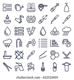 Drop icons set. set of 36 drop outline icons such as shower, honey, pipette, soap, no wash, tap, water bottle, garden tools, watering can, rain, fountain, hands washing