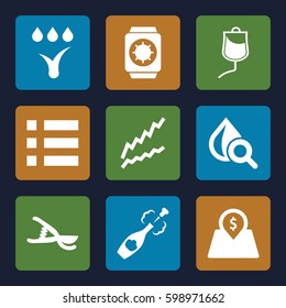 drop icons set. Set of 9 drop filled icons such as garden tools, champagne, lot price, watering system, wrist watch with sun, and a graph.