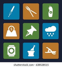 Drop icons set. set of 9 drop filled icons such as water bottle, garden tools, pipette, champagne, lot price, rain, wrist watch with sun