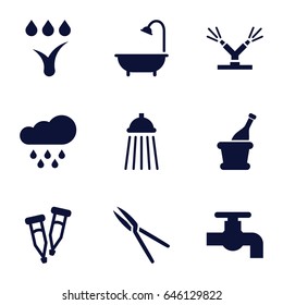 Drop icons set. set of 9 drop filled icons such as tap, shower, garden tools, pipette, champagne, watering system