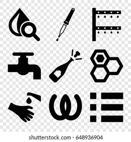 Drop icons set. set of 9 drop filled icons such as honey, tap, opened champagne, irrigation system, drop under magnifier, hands washing, pipette, omega
