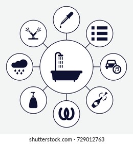 Drop icons set. set of 9 drop filled icons such as shower, pipette, soap, car music, champagne, watering system, rain, omega