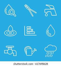 Drop icons set. set of 9 drop outline icons such as tap, garden tools, watering can, rain