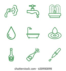 Drop icons set. set of 9 drop outline icons such as water drop, shower, tap, fountain, champagne bottle with heart, pipette