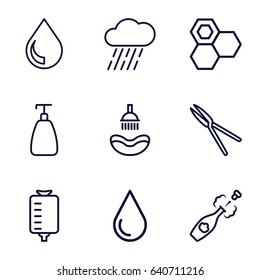 Drop icons set. set of 9 drop outline icons such as shower, honey, soap, garden tools, rain