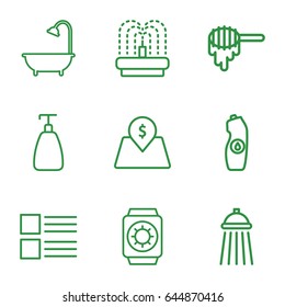 Drop icons set. set of 9 drop outline icons such as honey, soap, shower, water bottle, fountain, lot price, wrist watch with sun