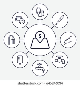 Drop icons set. set of 9 drop outline icons such as tap, shower, drop counter, pipette, car music, lot price